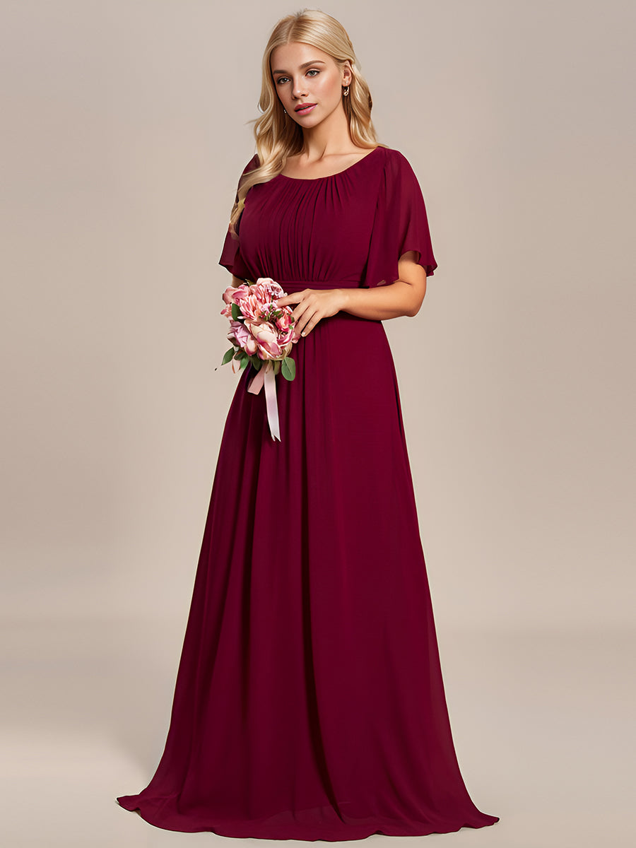 Color=Burgundy | Round Neck Pleated Wholesale Bridesmaid Dresses-Burgundy 3