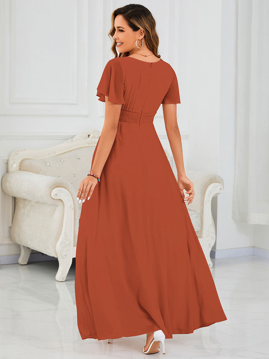 Color=Burnt Orange | Wholesale Pricing Ruffle Sleeve Chiffon A-Line Round Neck Bridesmaid Dresses-Burnt Orange 2