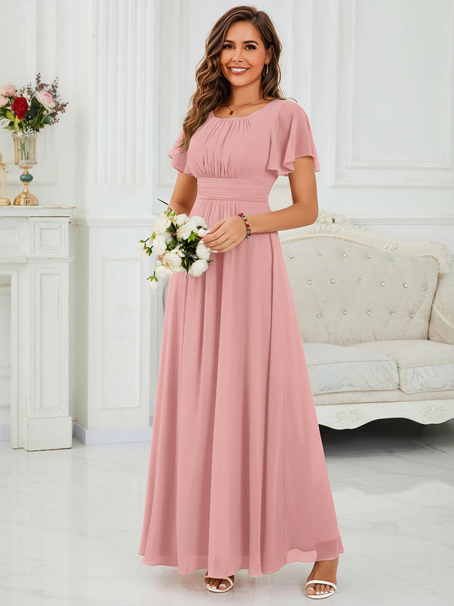 Color=Dusty Rose | Fast Delivery Short Sleeve Ruffle Pleated A-Line Floor Length Bridesmaid Dresses-Dusty Rose 11