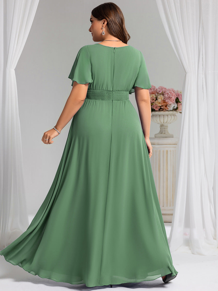 Color=Green Bean | Wholesale Pricing Short Sleeve Ruffle Pleated A-Line Floor Length Bridesmaid Dresses-Green Bean 16