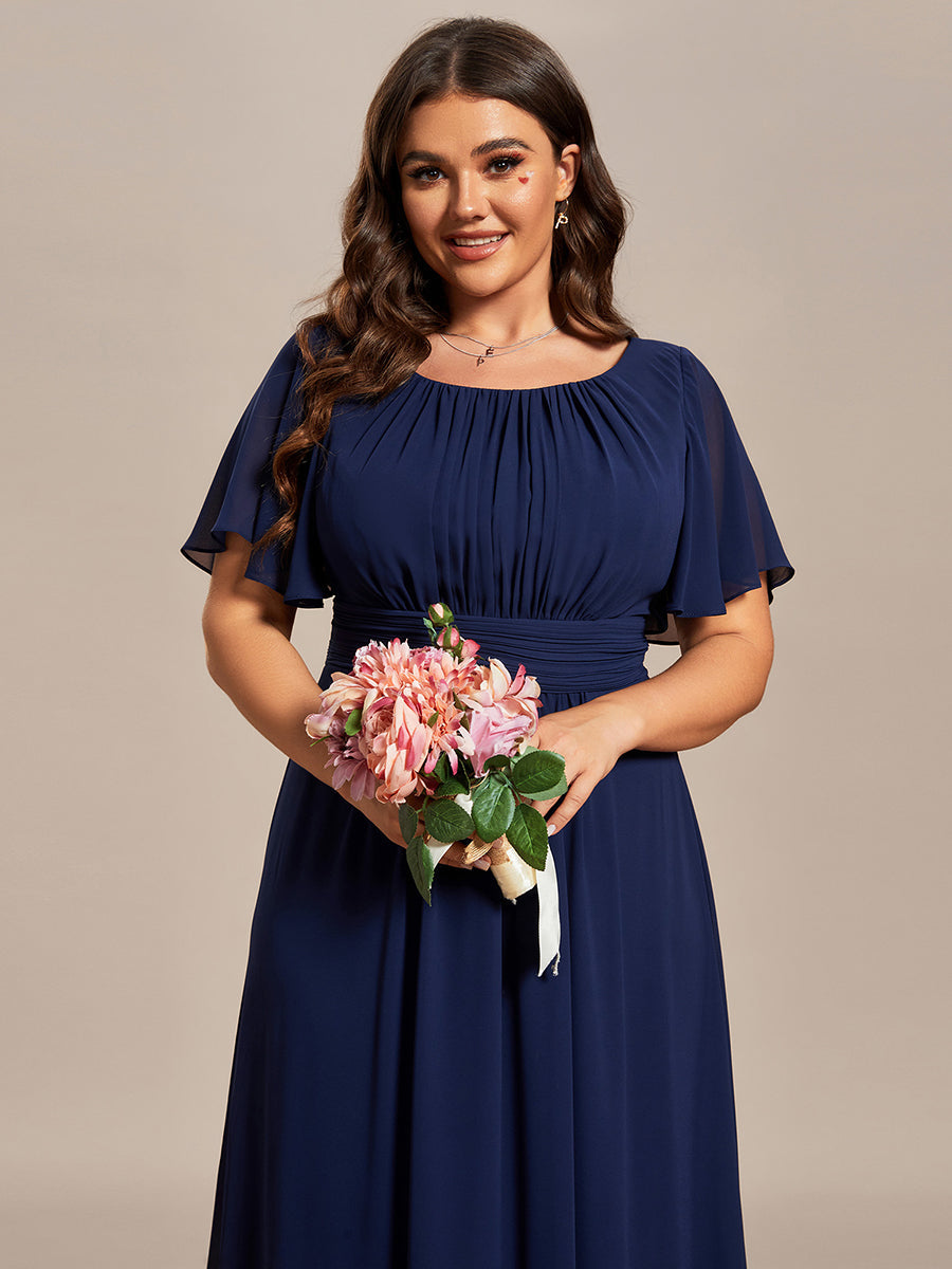 Color=Navy Blue | Plus Round Neck Pleated Wholesale Bridesmaid Dresses-Navy Blue 10