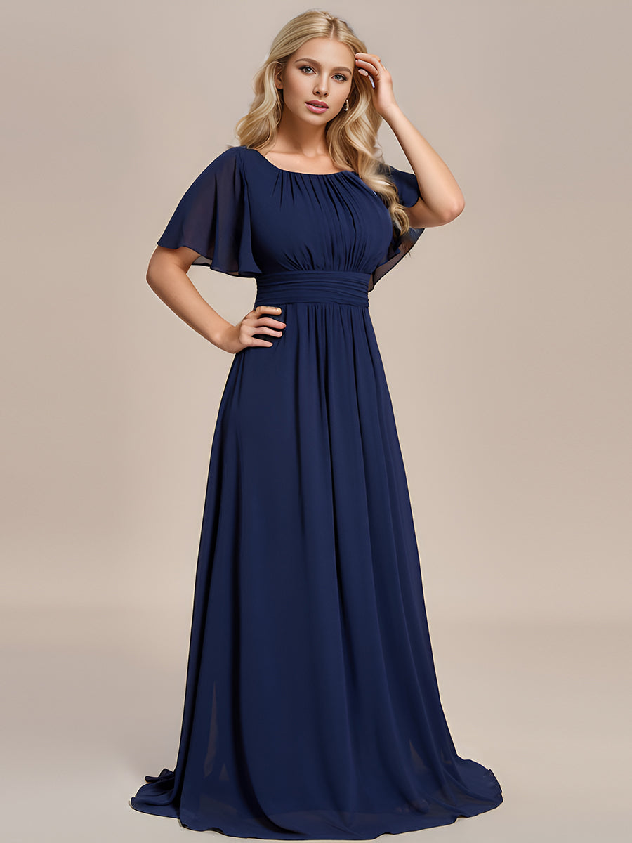 Color=Navy Blue | Round Neck Pleated Wholesale Bridesmaid Dresses-Navy Blue 8