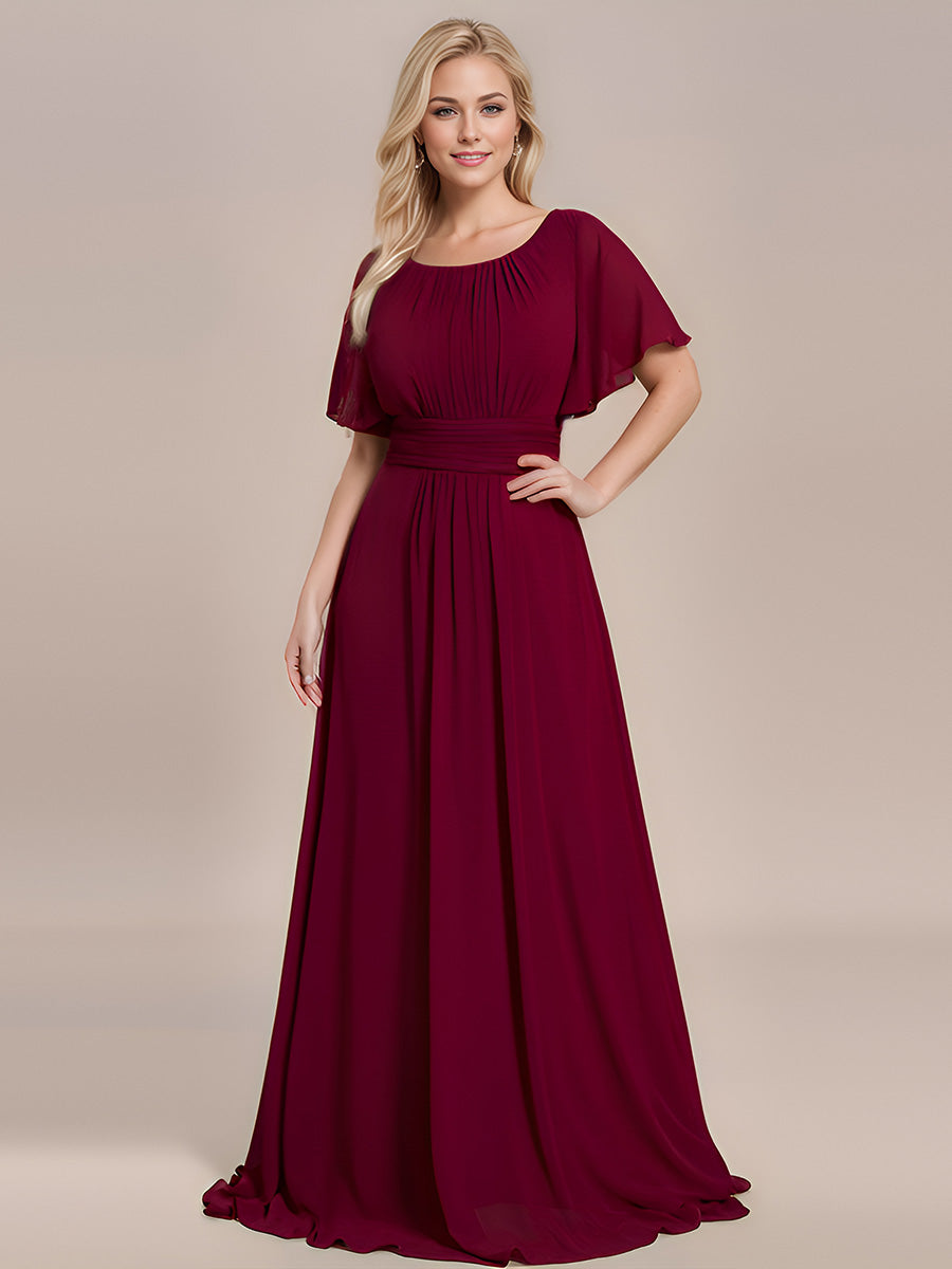 Color=Burgundy | Bulk Order Short Sleeve Ruffle Pleated A-Line Floor Length Dress | Bridesmaid Dresses-Burgundy 7
