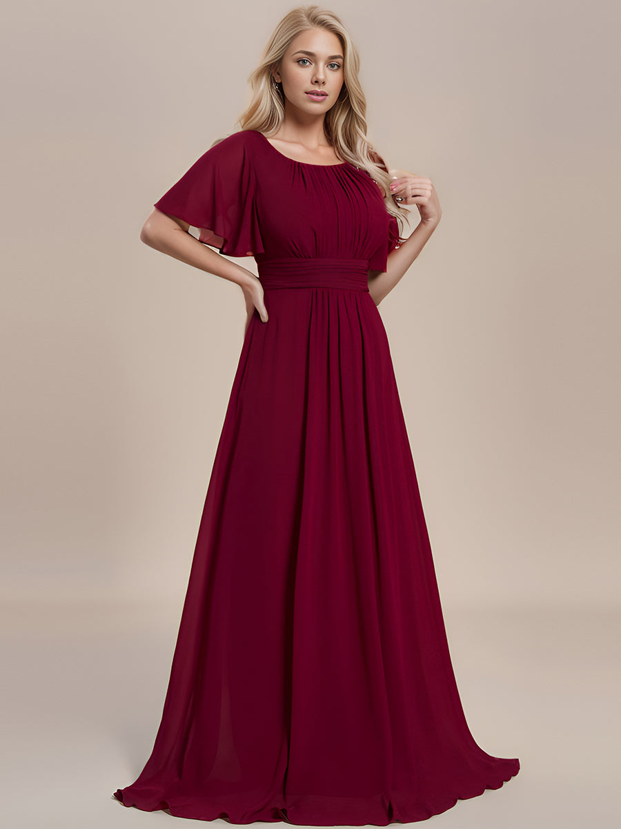 Color=Burgundy | Bulk Order Short Sleeve Ruffle Pleated A-Line Floor Length Dress | Bridesmaid Dresses-Burgundy 4