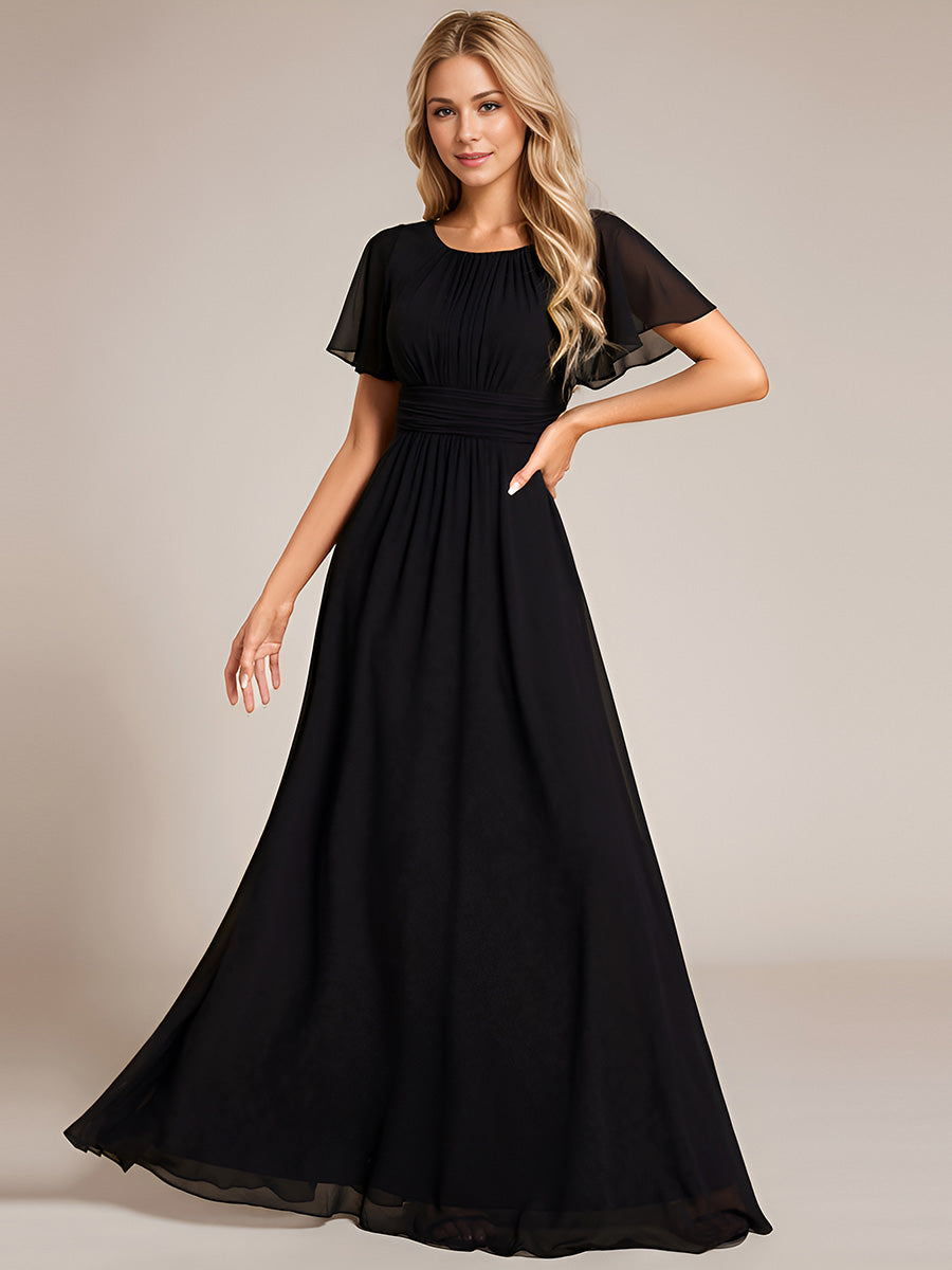 Color=Black | Bulk Order Short Sleeve Ruffle Pleated A-Line Floor Length Dress | Bridesmaid Dresses-Black 8