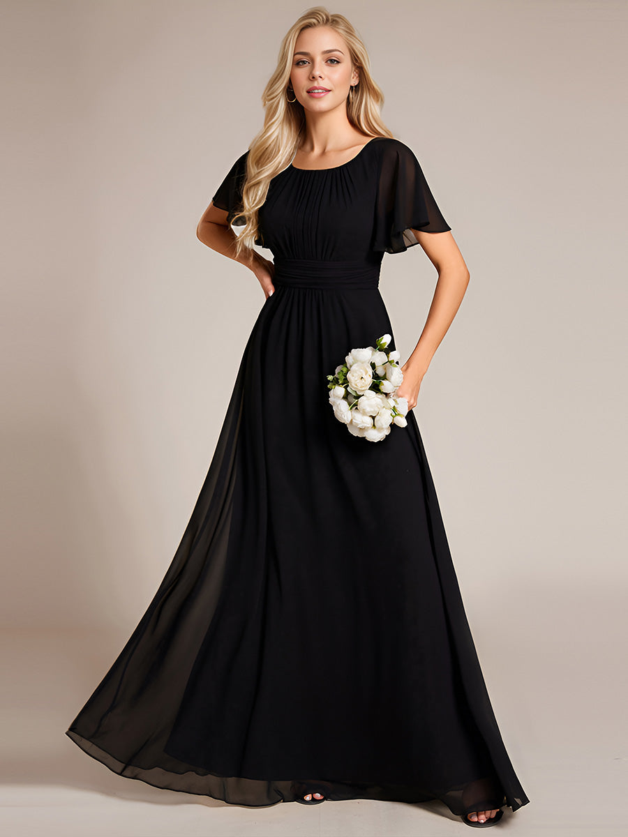 Color=Black | Bulk Order Short Sleeve Ruffle Pleated A-Line Floor Length Dress | Bridesmaid Dresses-Black 9