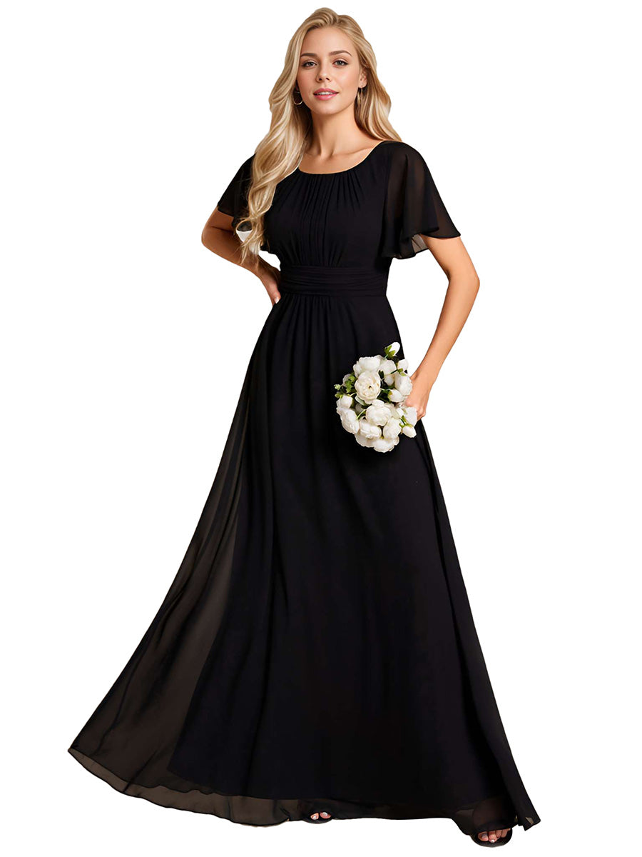 Color=Black | Bulk Order Short Sleeve Ruffle Pleated A-Line Floor Length Dress | Bridesmaid Dresses-Black 11