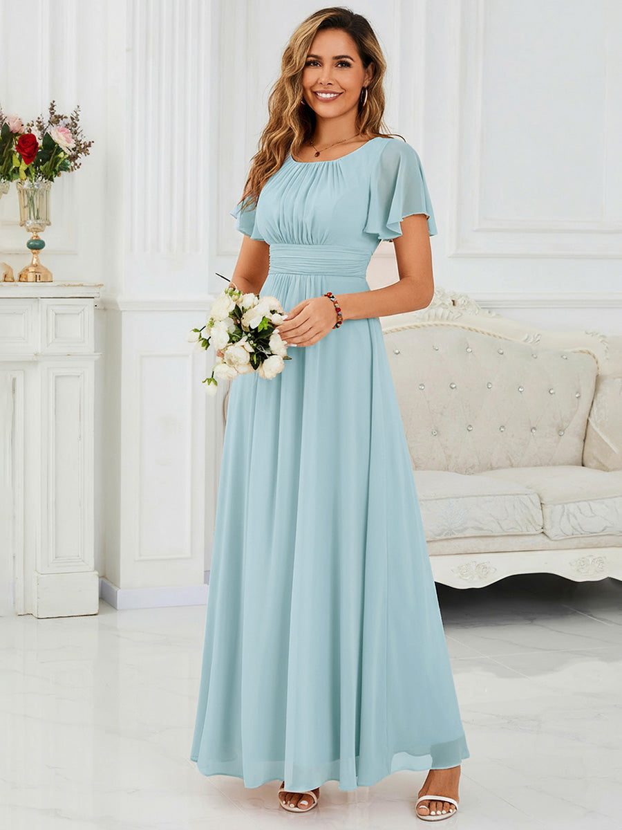 Color=Blue | Bulk Order Short Sleeve Ruffle Pleated A-Line Floor Length Dress | Bridesmaid Dresses-Blue 1