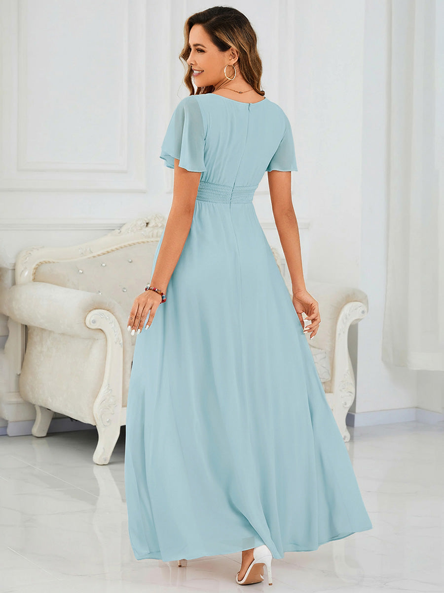 Color=Blue | Bulk Order Short Sleeve Ruffle Pleated A-Line Floor Length Dress | Bridesmaid Dresses-Blue 2