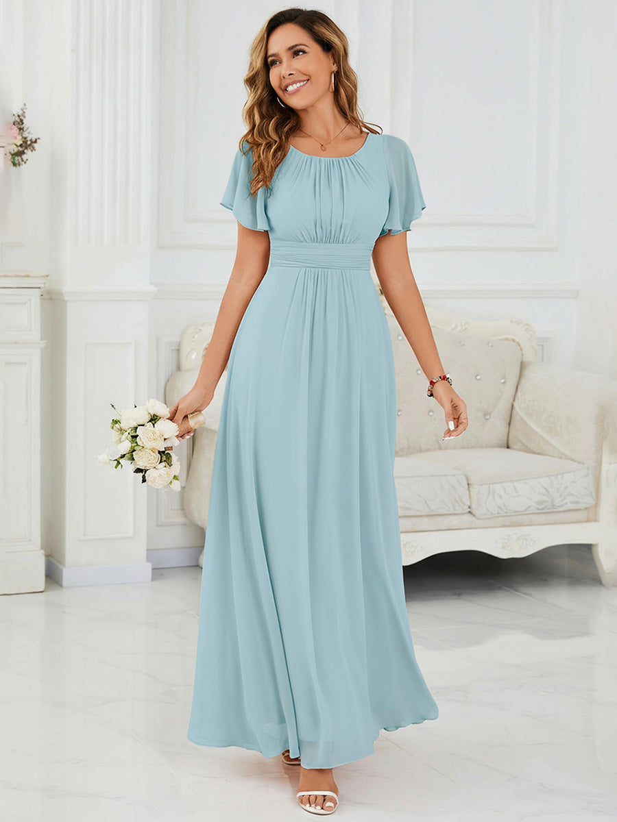 Color=Blue | Bulk Order Short Sleeve Ruffle Pleated A-Line Floor Length Dress | Bridesmaid Dresses-Blue 3