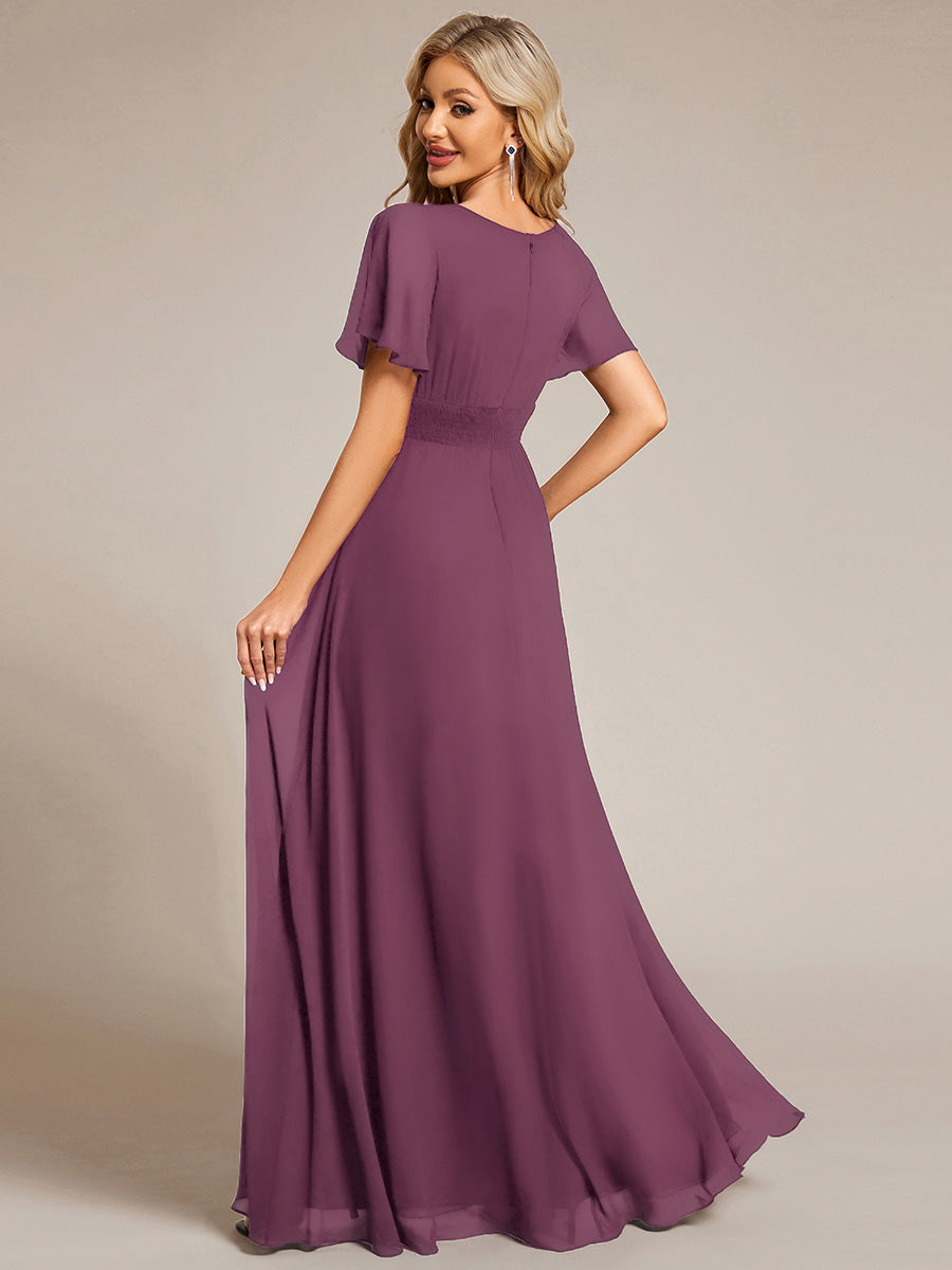Color=Damson | Bulk Order Short Sleeve Ruffle Pleated A-Line Floor Length Dress | Bridesmaid Dresses-Damson 2