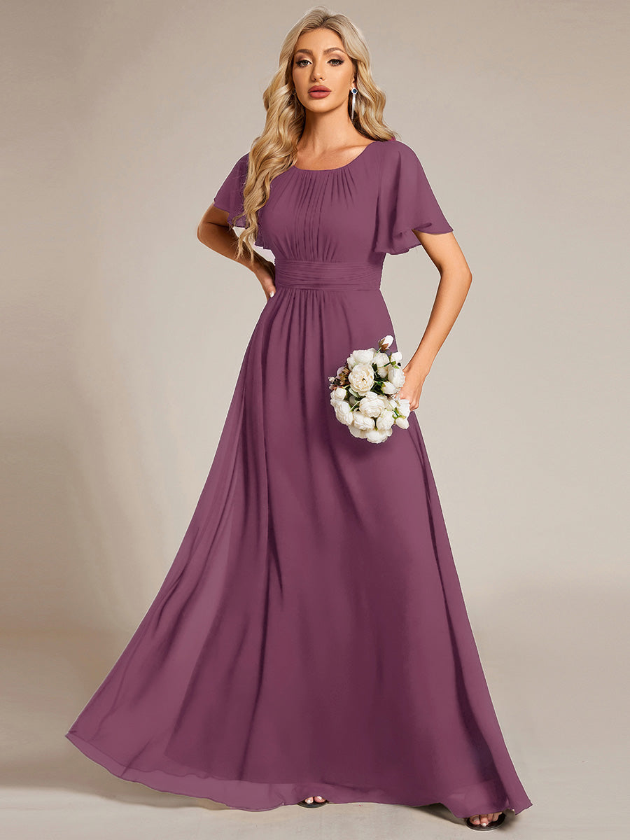 Color=Damson | Bulk Order Short Sleeve Ruffle Pleated A-Line Floor Length Dress | Bridesmaid Dresses-Damson 4