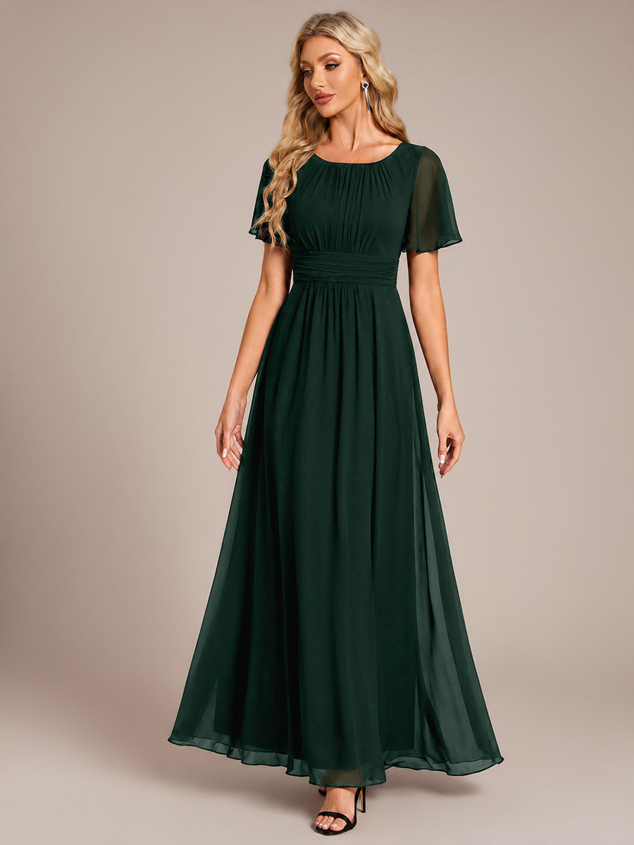 Color=Dark Forest Green | ES01846EF | Wholesale Pricing Ruffle Sleeve Chiffon A-Line Round Neck Bridesmaid Dresses