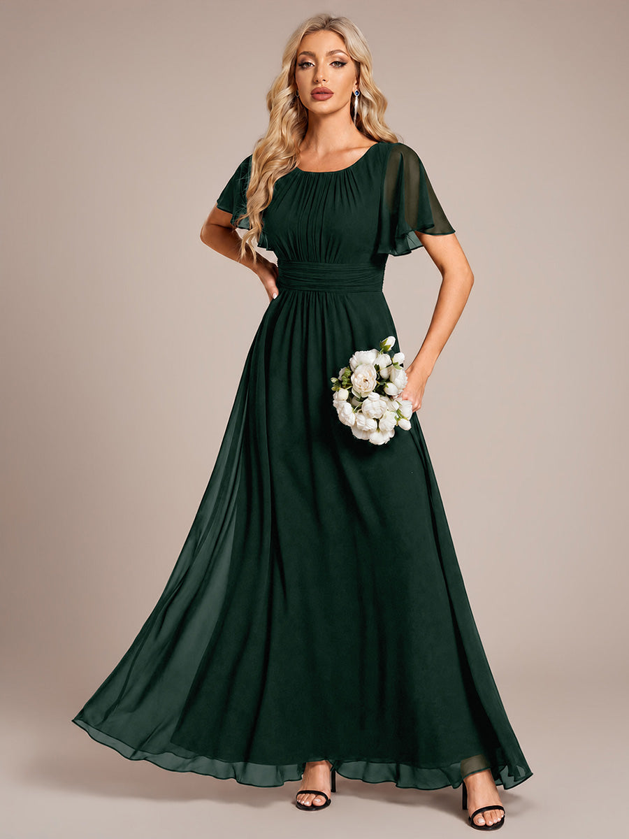 Color=Dark Forest Green | ES01846EF | Wholesale Pricing Ruffle Sleeve Chiffon A-Line Round Neck Bridesmaid Dresses