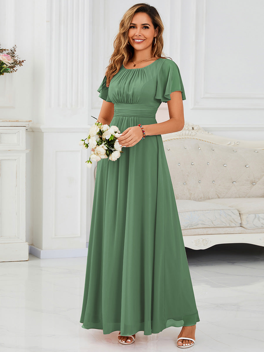 Color=Moss Green | Bulk Order Short Sleeve Ruffle Pleated A-Line Floor Length Dress | Bridesmaid Dresses-Moss Green 1