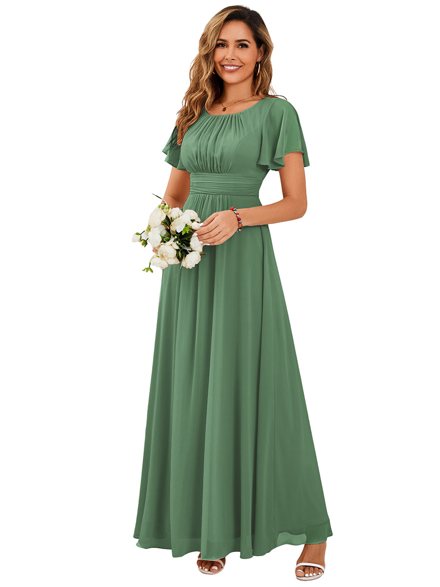 Color=Moss Green | Bulk Order Short Sleeve Ruffle Pleated A-Line Floor Length Dress | Bridesmaid Dresses-Moss Green 2