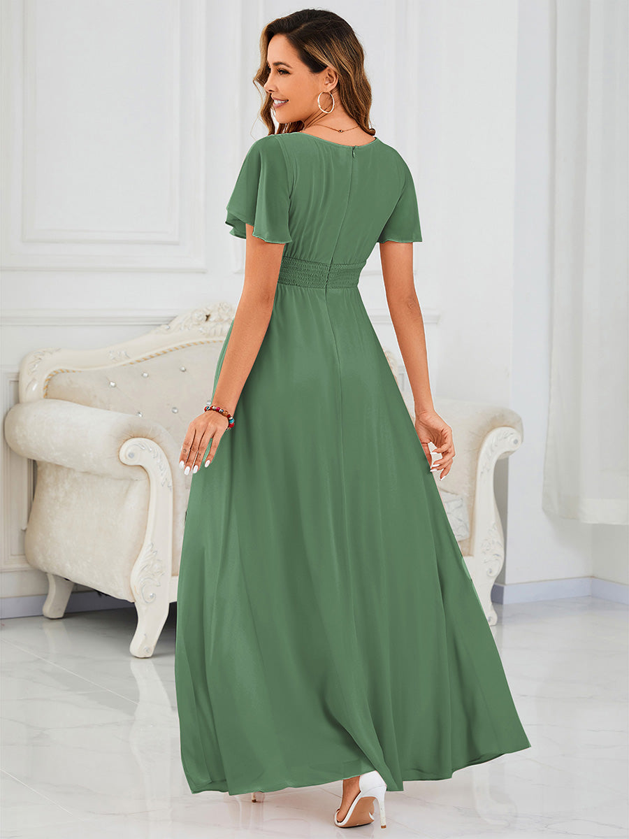 Color=Moss Green | Bulk Order Short Sleeve Ruffle Pleated A-Line Floor Length Dress | Bridesmaid Dresses-Moss Green 3
