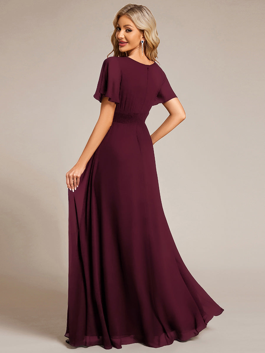 Color=Mulberry | Bulk Order Short Sleeve Ruffle Pleated A-Line Floor Length Dress | Bridesmaid Dresses-Mulberry 2