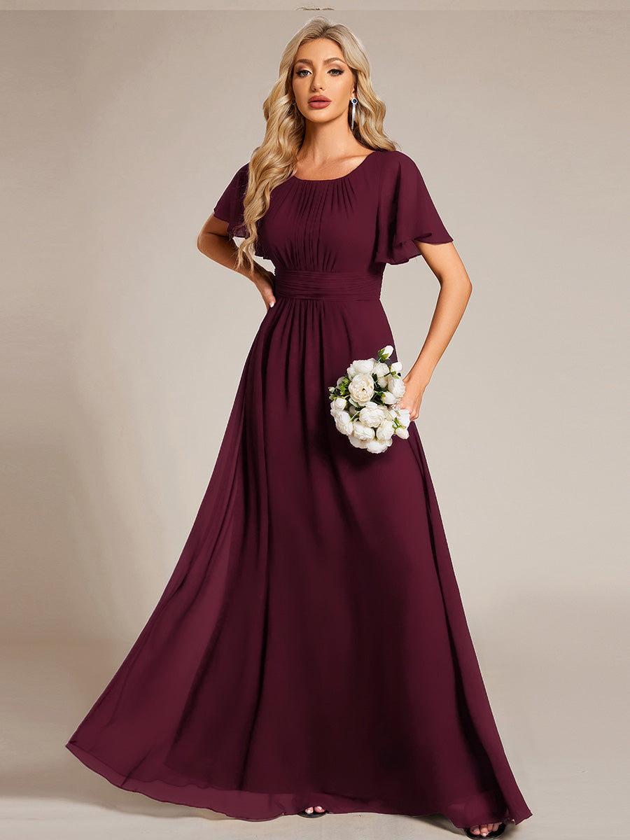 Color=Mulberry | Bulk Order Short Sleeve Ruffle Pleated A-Line Floor Length Dress | Bridesmaid Dresses-Mulberry 4