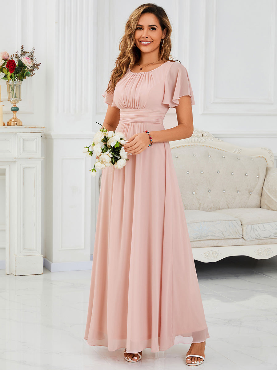 Color=Pink | Bulk Order Short Sleeve Ruffle Pleated A-Line Floor Length Dress | Bridesmaid Dresses-Pink 1