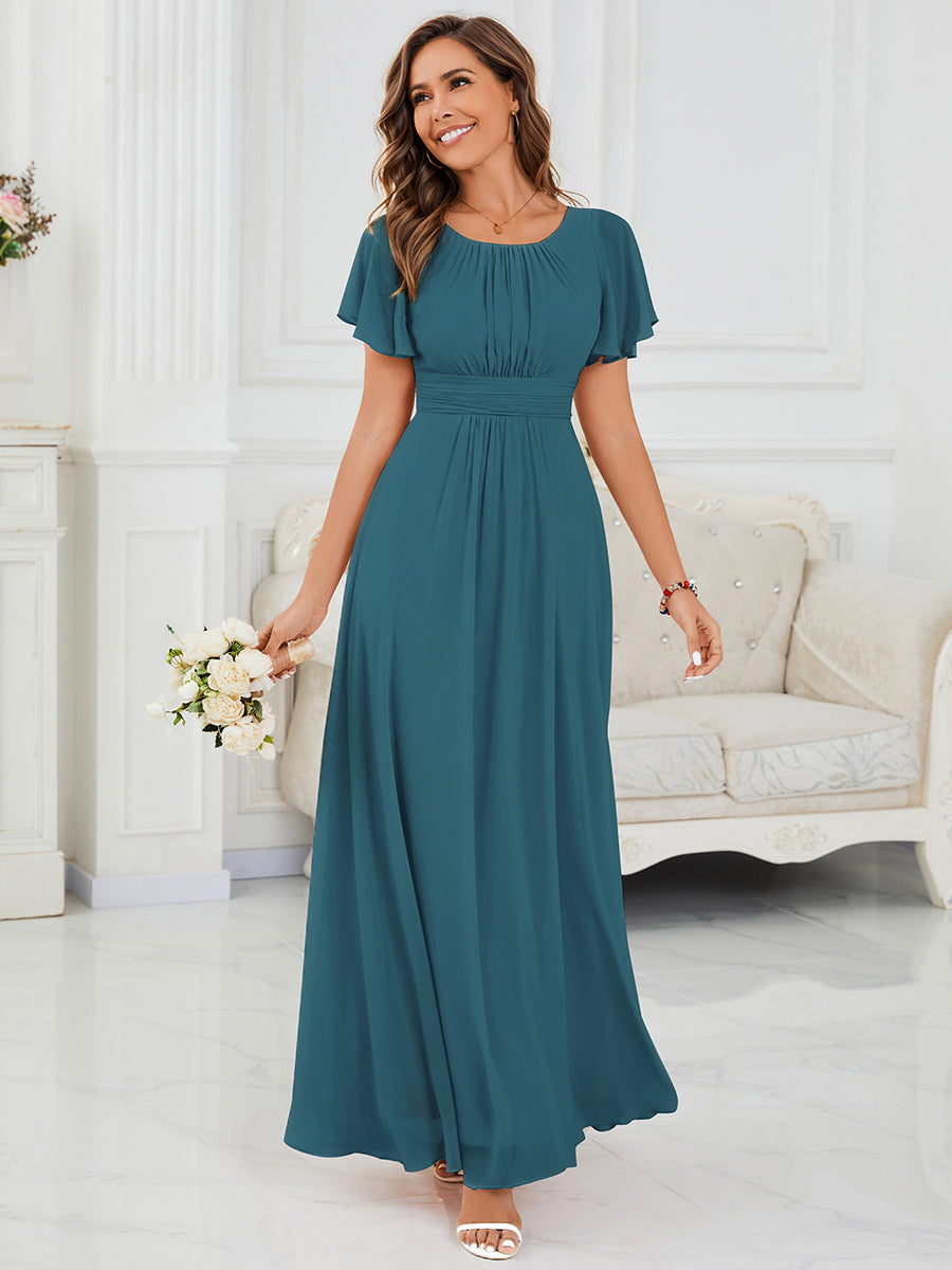 Color=Teal | Factory Design Short Sleeve Ruffle Pleated A-Line Floor Length Bridesmaid Dresses-Teal 23