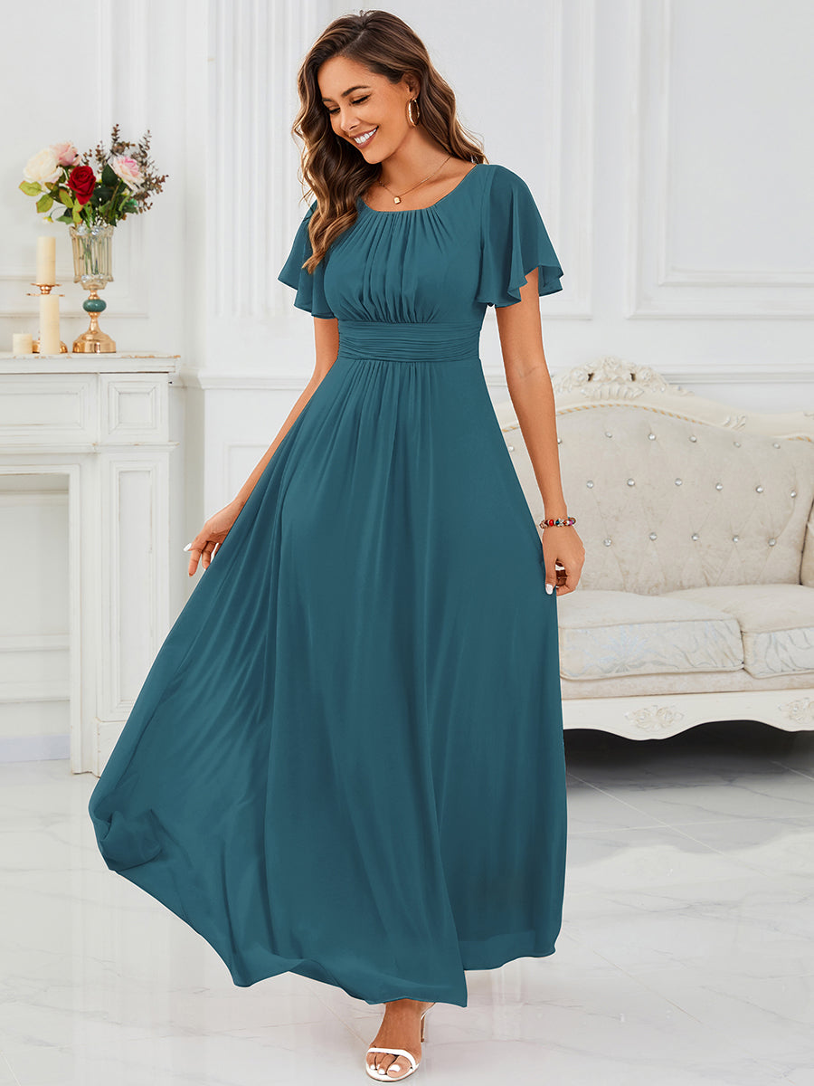 Color=Teal | Factory Design Short Sleeve Ruffle Pleated A-Line Floor Length Bridesmaid Dresses-Teal 24