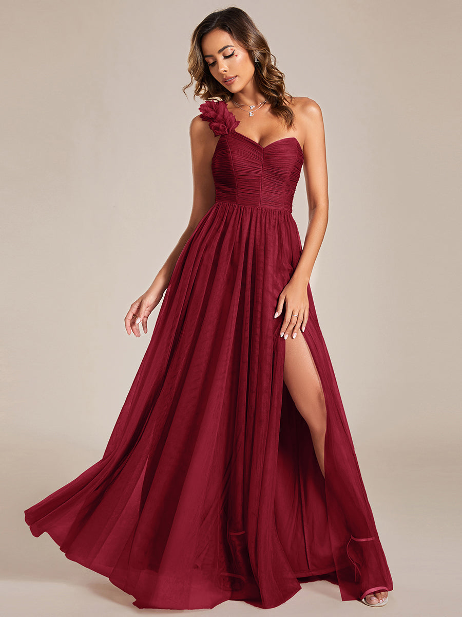 Backless One Shoulder Pleated Split Tulle Wholesale Bridesmaid Dresses#Color_Burgundy