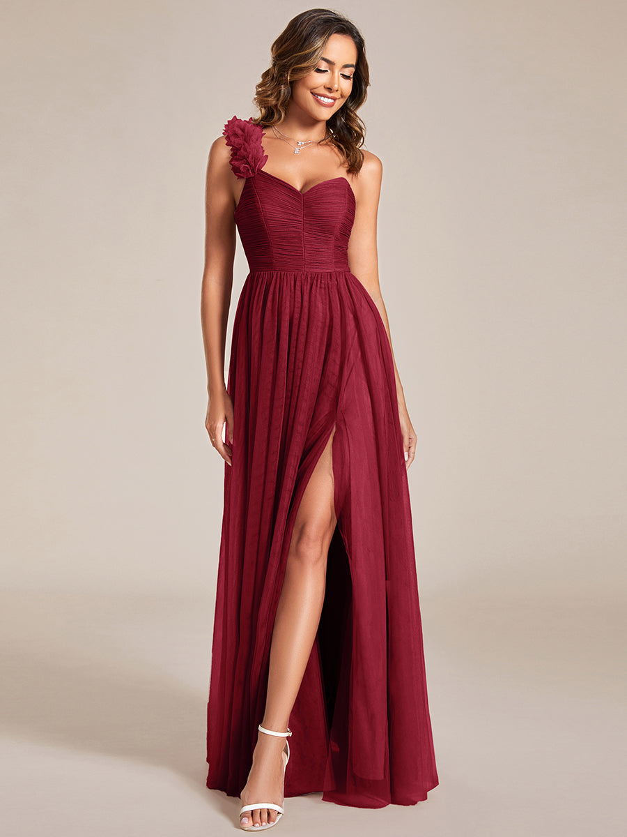 Backless One Shoulder Pleated Split Tulle Wholesale Bridesmaid Dresses#Color_Burgundy