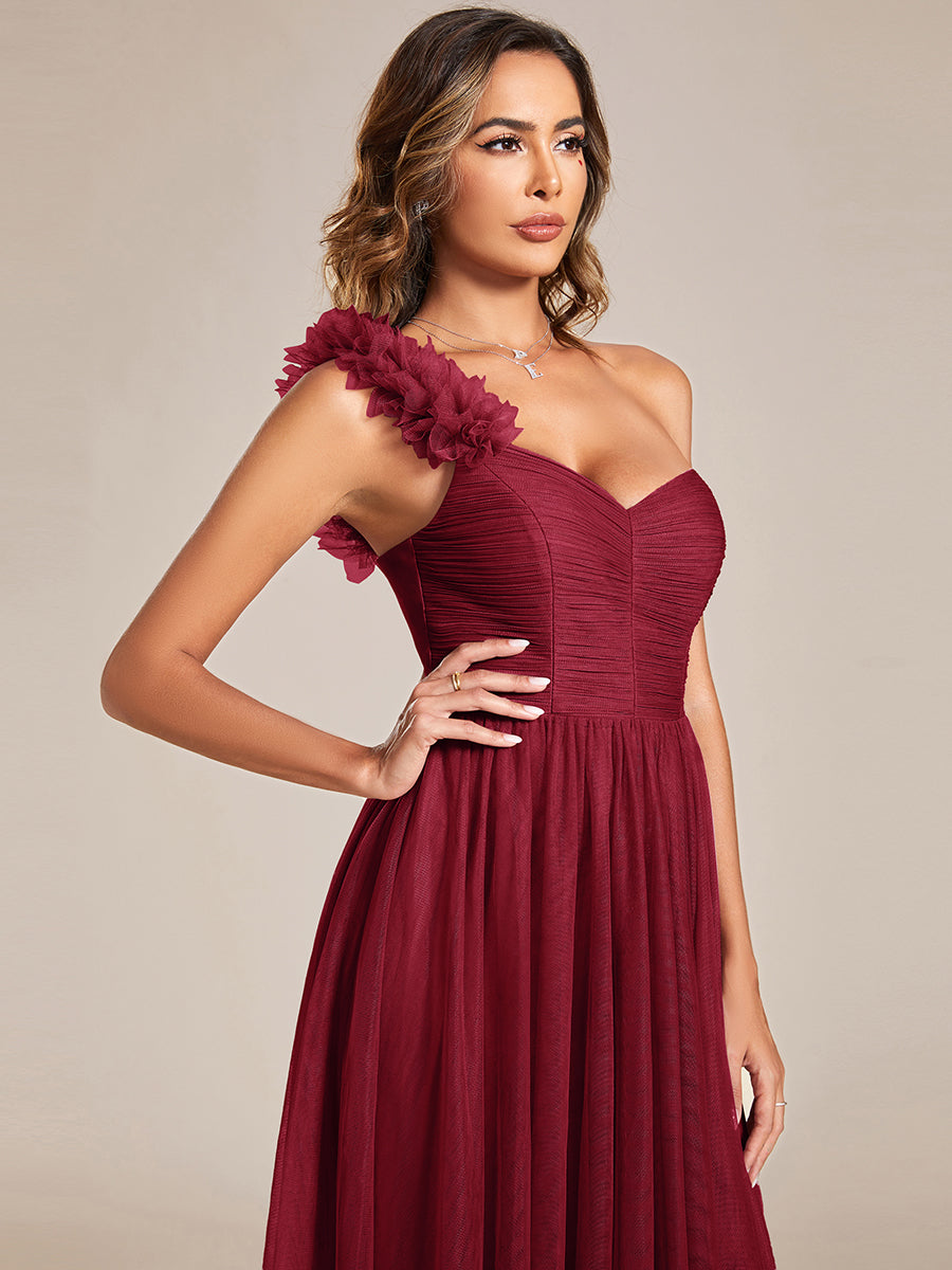 Backless One Shoulder Pleated Split Tulle Wholesale Bridesmaid Dresses#Color_Burgundy