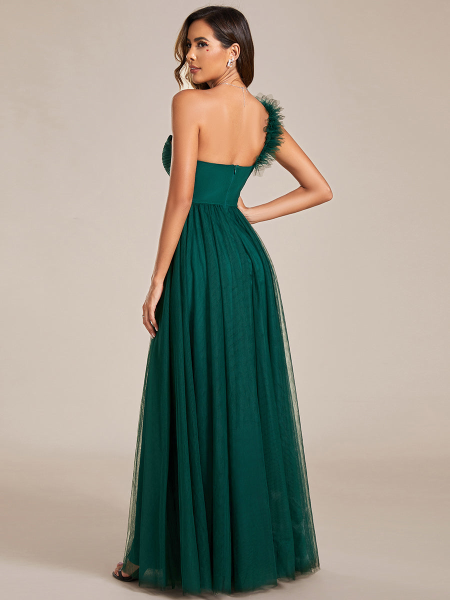Backless One Shoulder Pleated Split Tulle Wholesale Bridesmaid Dresses#Color_Dark Green