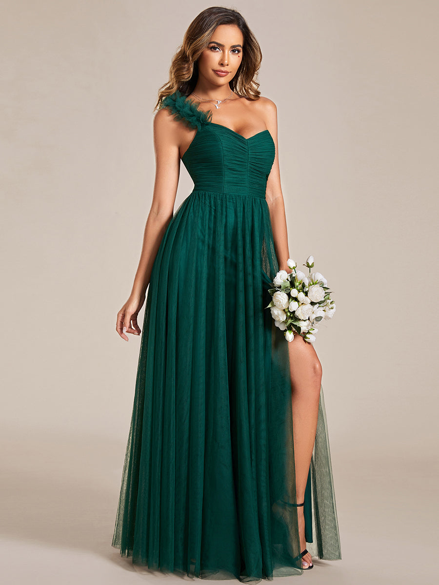 Backless One Shoulder Pleated Split Tulle Wholesale Bridesmaid Dresses#Color_Dark Green