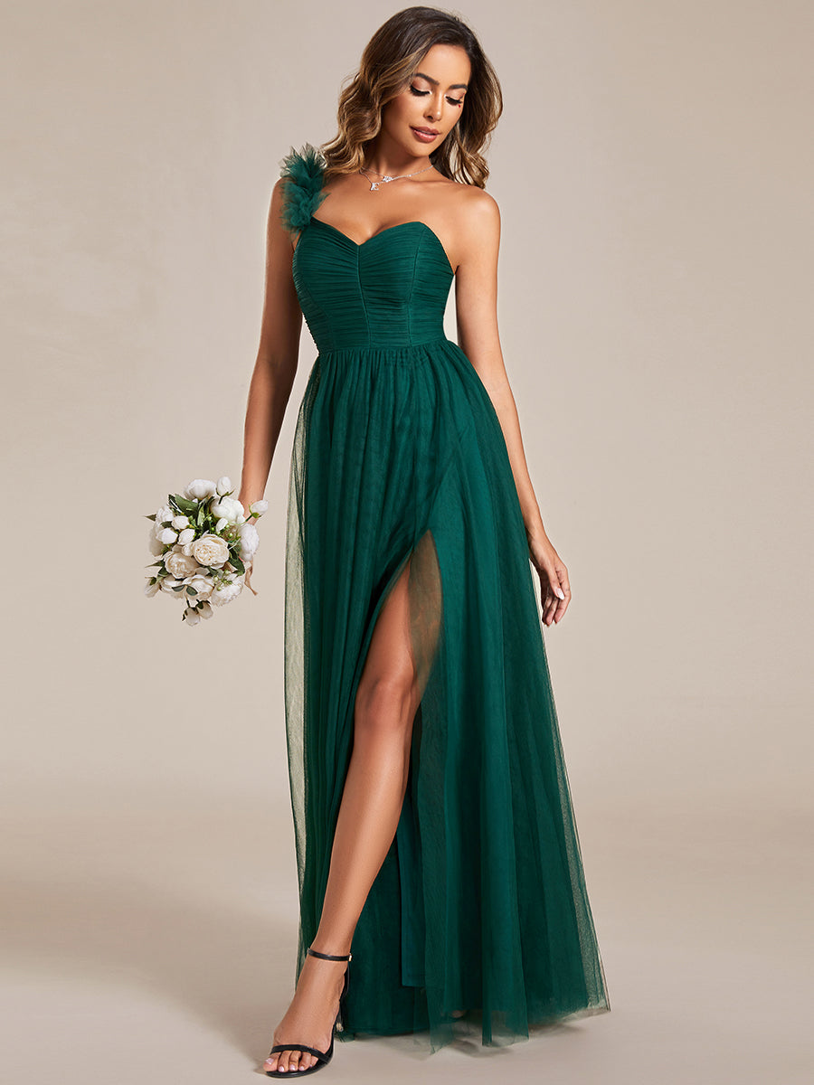 Backless One Shoulder Pleated Split Tulle Wholesale Bridesmaid Dresses#Color_Dark Green