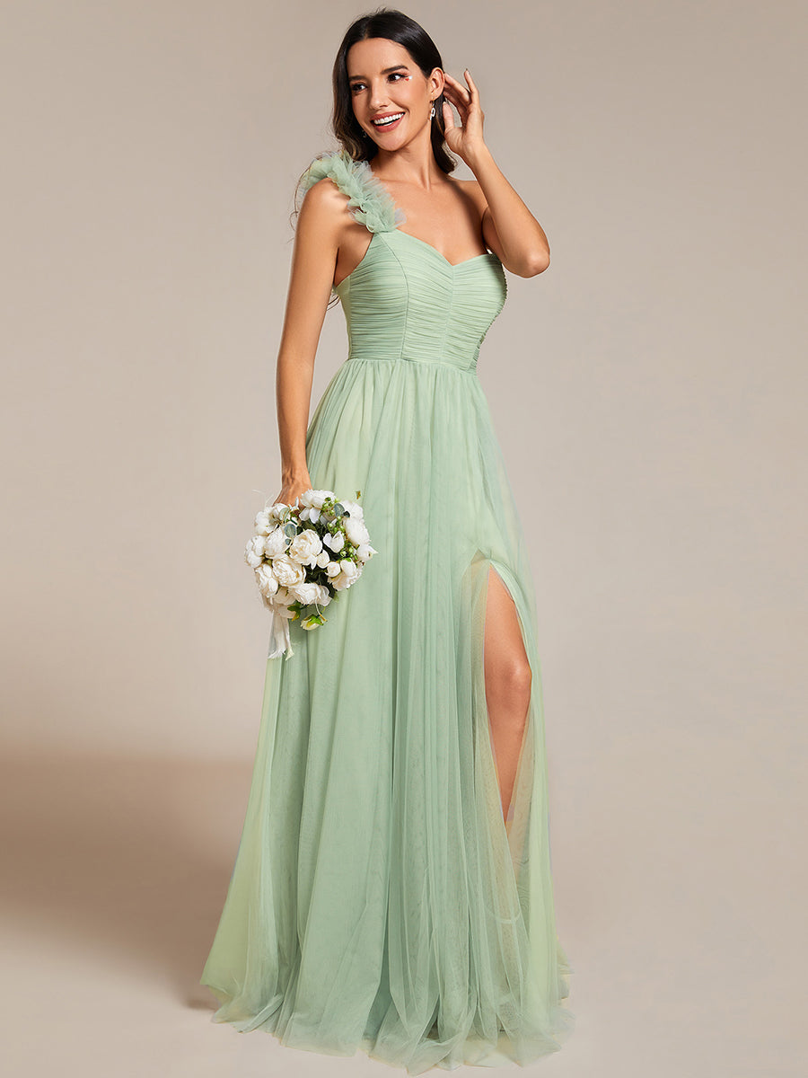 Backless One Shoulder Pleated Split Tulle Wholesale Bridesmaid Dresses#Color_Mint Green