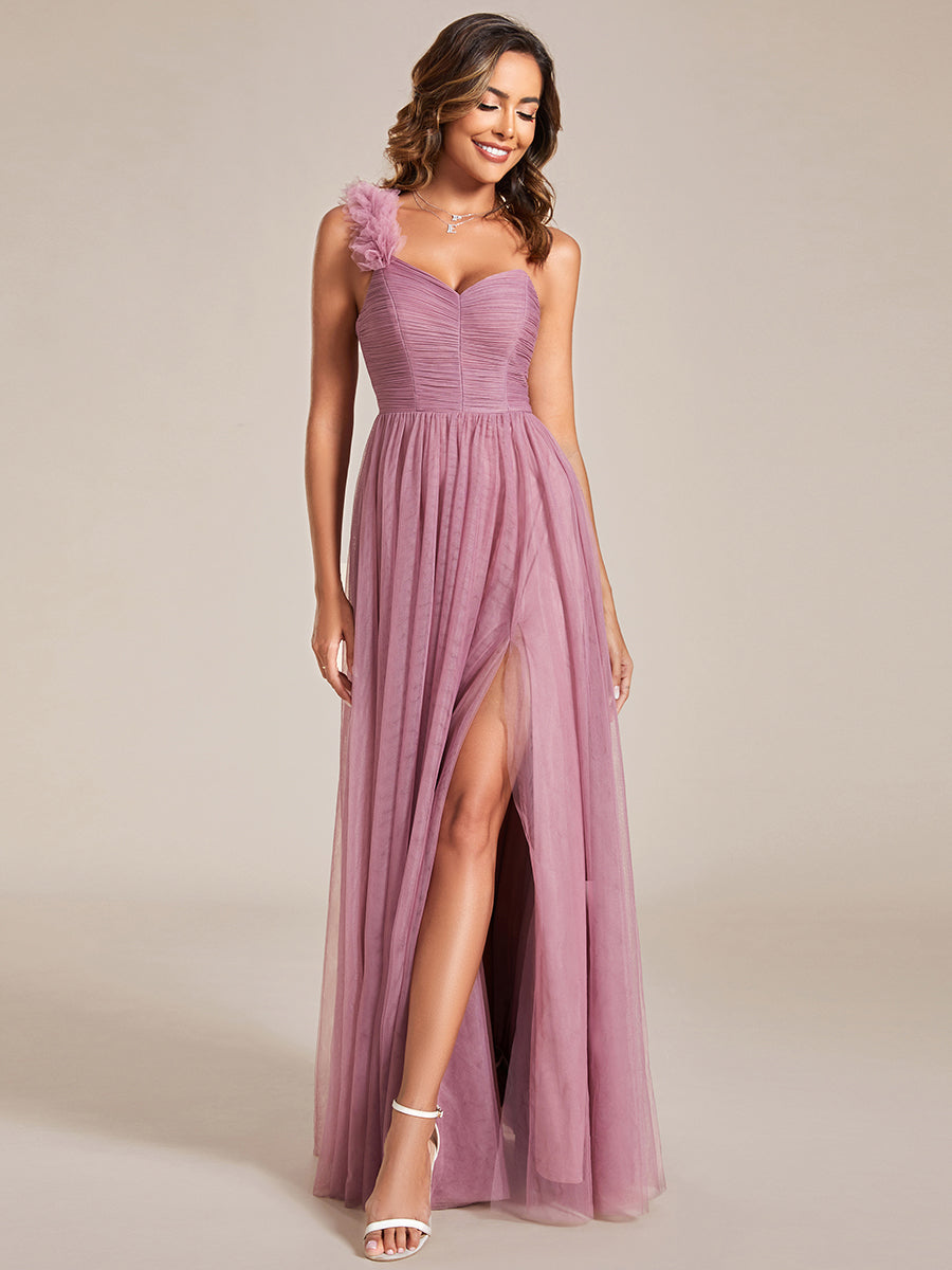 Backless One Shoulder Pleated Split Tulle Wholesale Bridesmaid Dresses#Color_Orchid