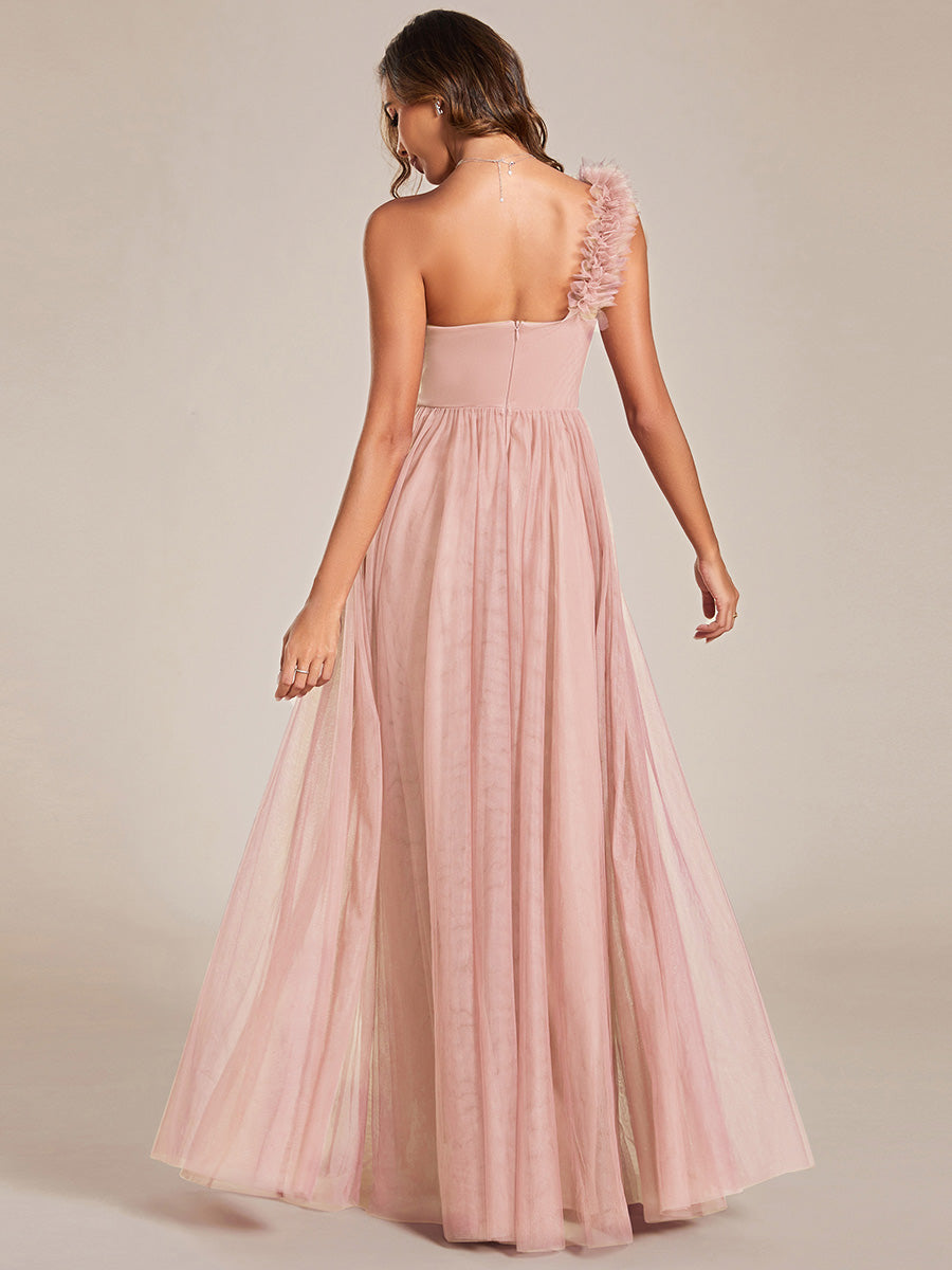 Backless One Shoulder Pleated Split Tulle Wholesale Bridesmaid Dresses#Color_Pink