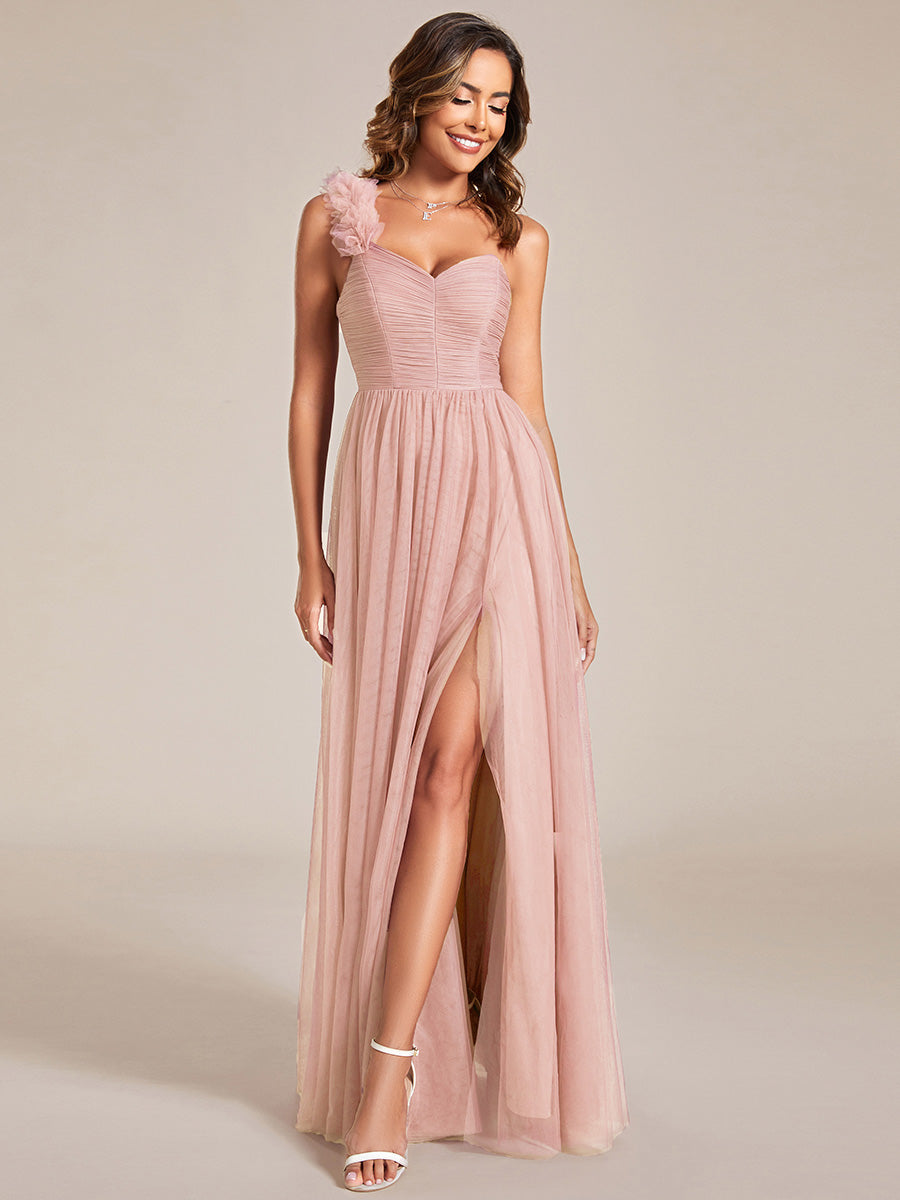 Backless One Shoulder Pleated Split Tulle Wholesale Bridesmaid Dresses#Color_Pink