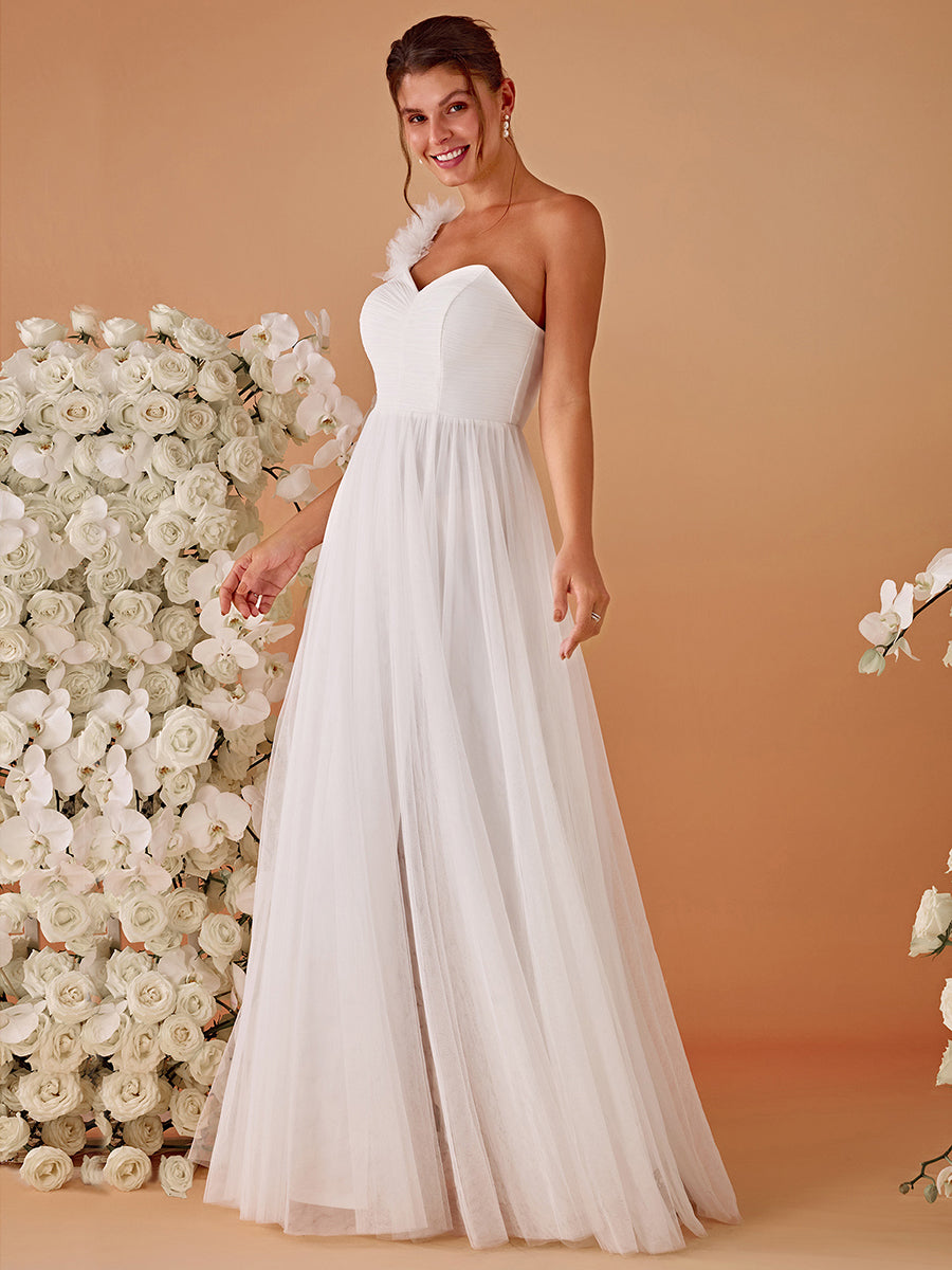Pleated Backless One Shoulder Split Tulle Wholesale Bridesmaid Dresses