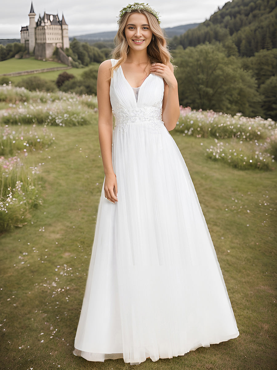Color=White | Backless V Neck Appliques Mesh Wholesale Bridesmaid Dresses-White 8