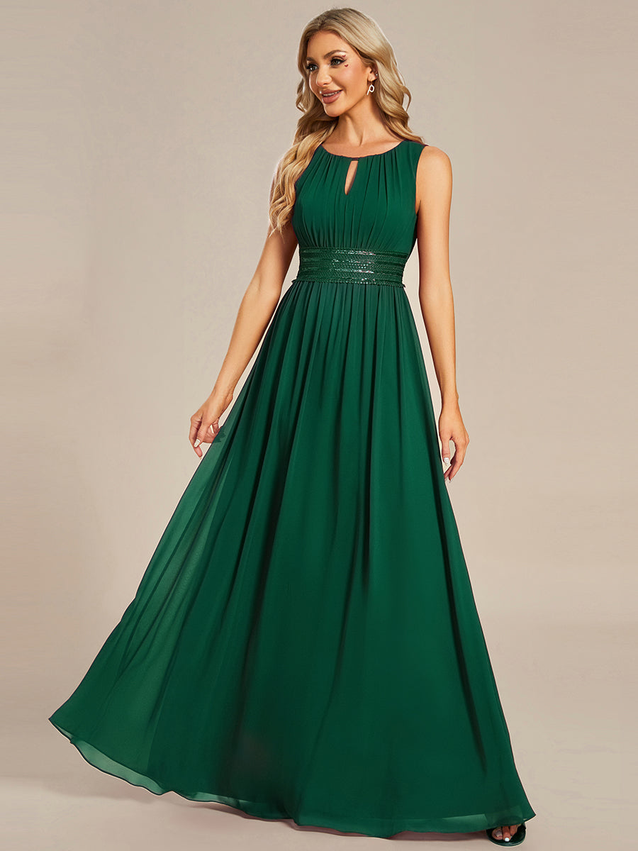 Color=Dark Green | Wholesale Sleeveless Embroidered Round Neck A-Line Floor Length Bridesmaid Dresses-Dark Green 1