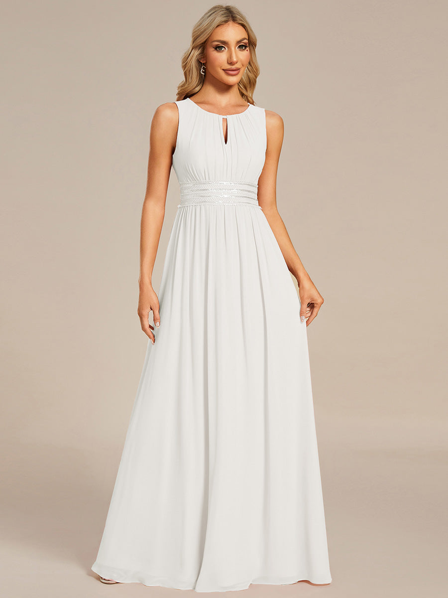 Color=White | Maxi Long Chiffon Hollow Round Neck Decor Bridesmaids Dress-White 1