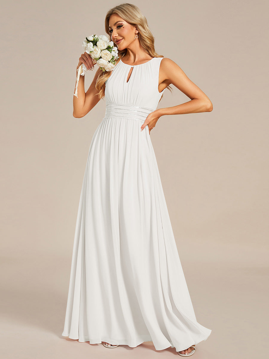 Color=White | Maxi Long Chiffon Hollow Round Neck Decor Bridesmaids Dress-White 4