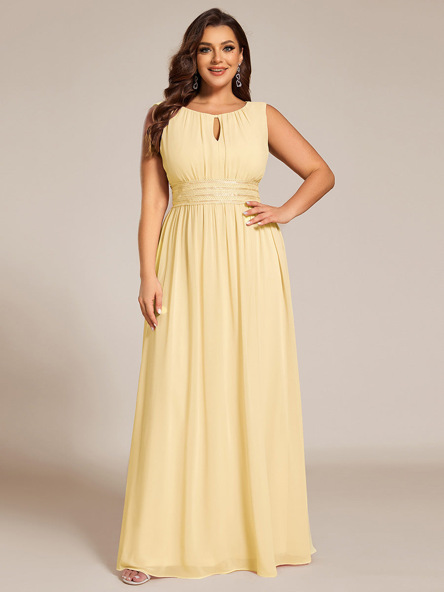 Color=Yellow | Commercial Wholesale Sleeveless Embroidered Round Neck A-Line Floor Length Bridesmaid Dresses-Yellow 36