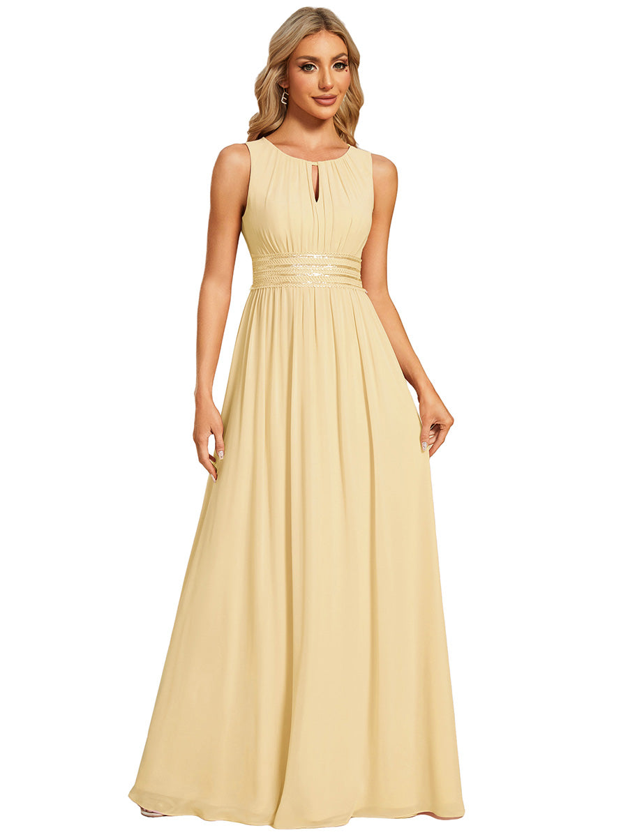 Color=Yellow | Maxi Long Chiffon Hollow Round Neck Decor Bridesmaids Dress-Yellow 2