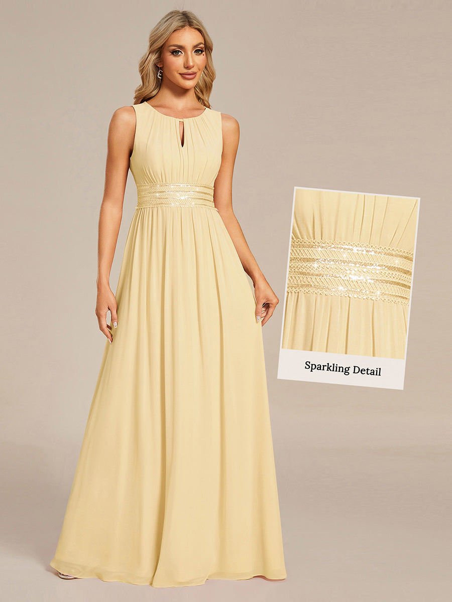 Color=Yellow | Maxi Long Chiffon Hollow Round Neck Decor Bridesmaids Dress-Yellow 10