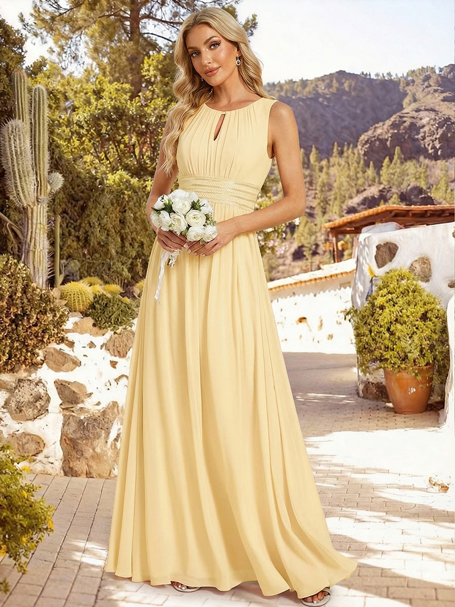 Color=Yellow | Maxi Long Chiffon Hollow Round Neck Decor Bridesmaids Dress-Yellow 8