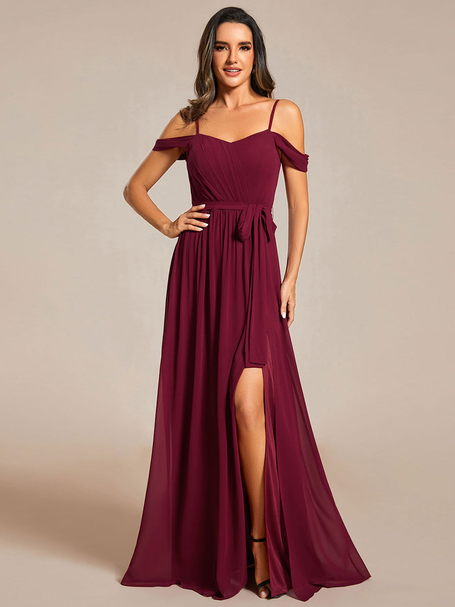 Color=Burgundy | Chiffon Cold Shoulder Bowknot Bridesmaid Dress With Side Split-Burgundy 5