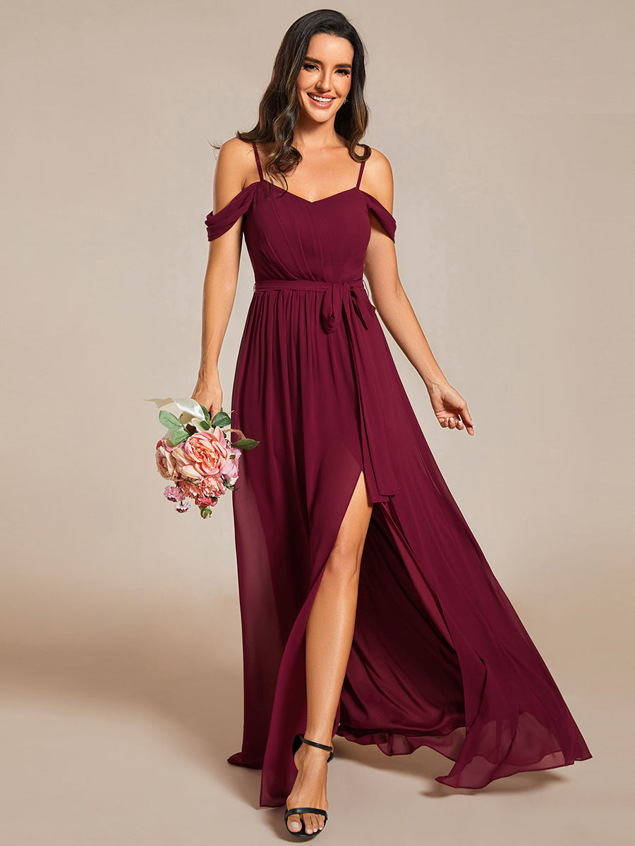 Color=Burgundy | Chiffon Cold Shoulder Bowknot Bridesmaid Dress With Side Split-Burgundy 2