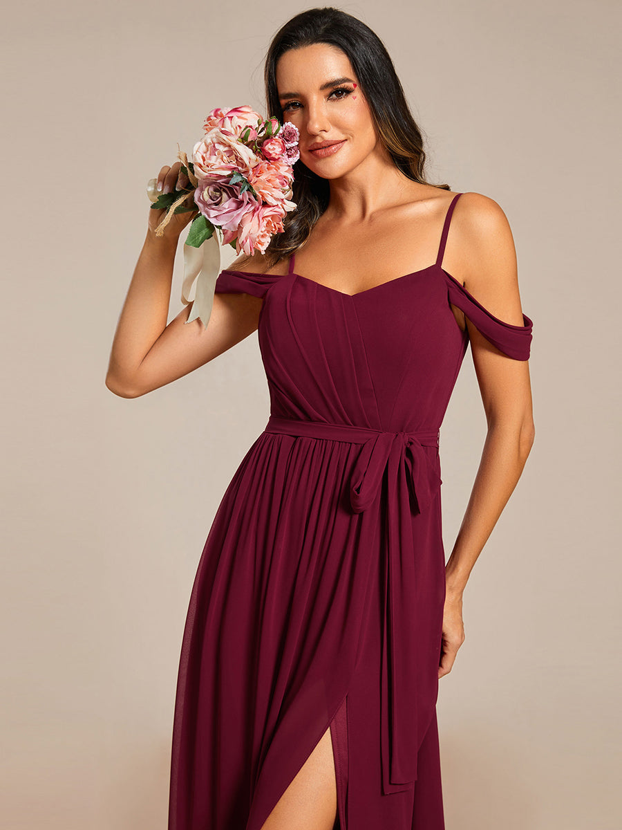 Color=Burgundy | Chiffon Cold Shoulder Bowknot Bridesmaid Dress With Side Split-Burgundy 3