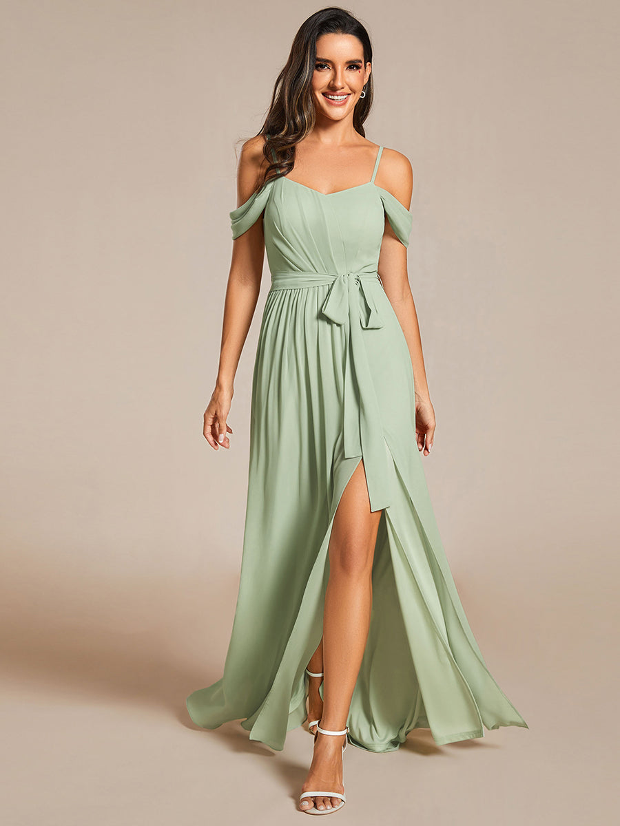 Color=Mint Green | Chiffon Cold Shoulder Bowknot Bridesmaid Dress With Side Split-Mint Green 11