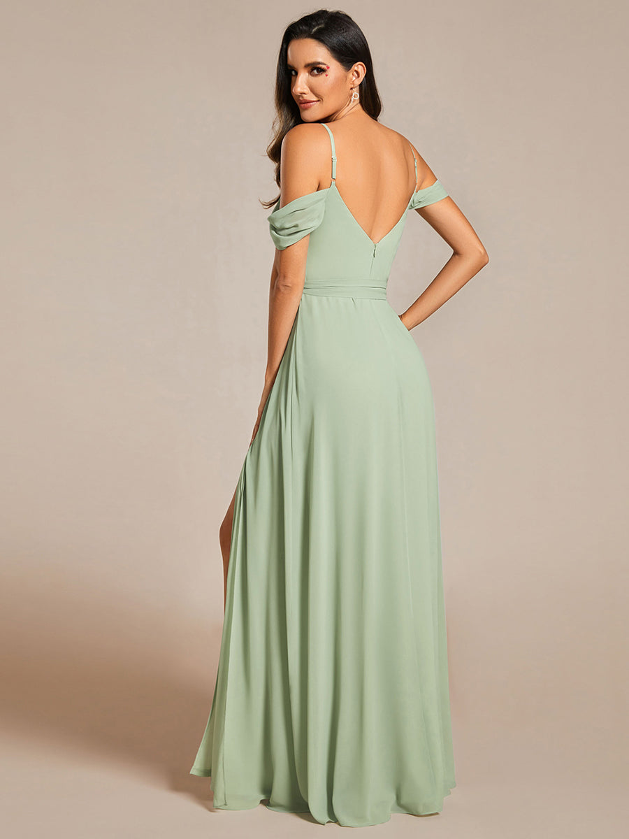 Color=Mint Green | Chiffon Cold Shoulder Bowknot Bridesmaid Dress With Side Split-Mint Green 10